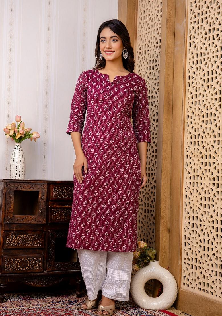 Burgundy Printed Cotton Kurta - Indya