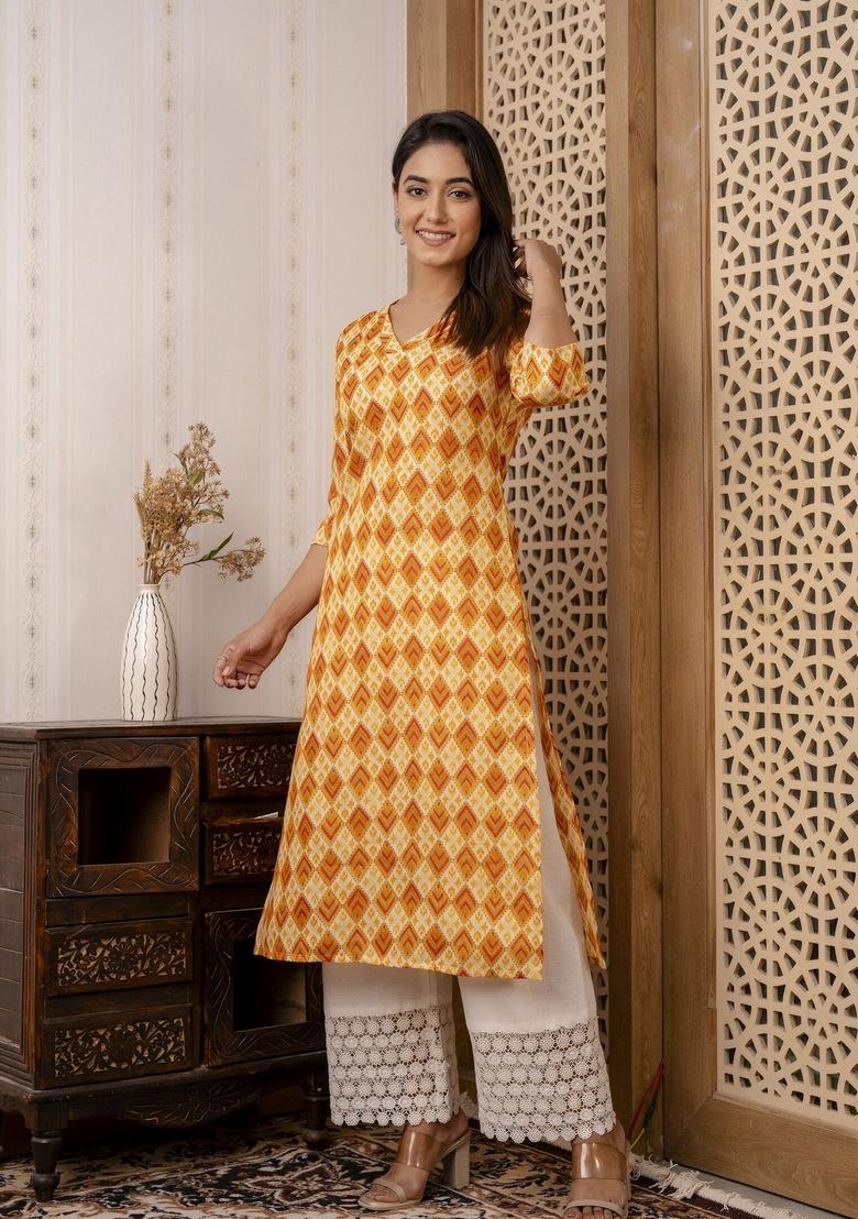 Yellow Printed Cotton Kurta - Indya