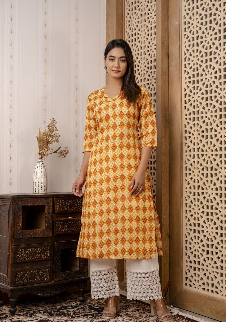 Yellow Printed Cotton Kurta - Indya