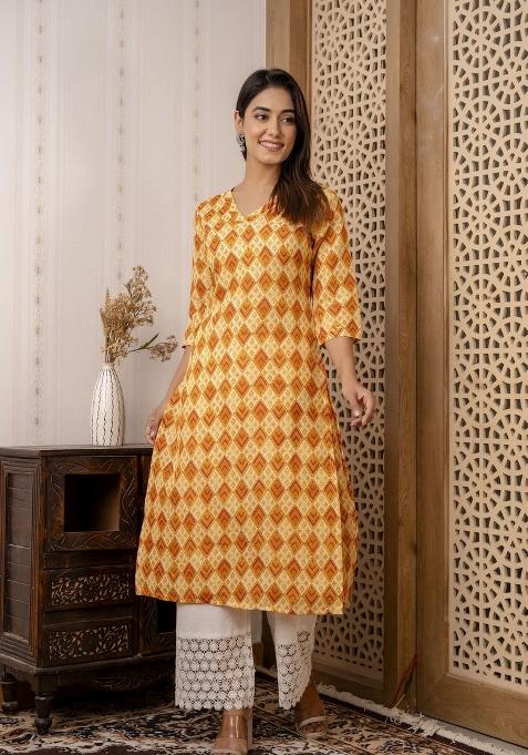 Yellow Printed Cotton Kurta