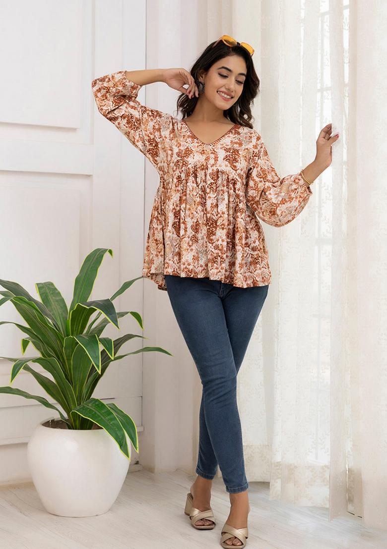 Rust Printed Cotton Tunic - Indya