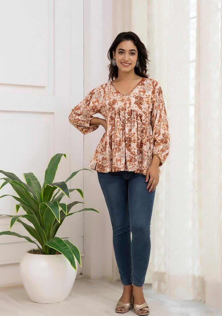 Rust Printed Cotton Tunic - Indya