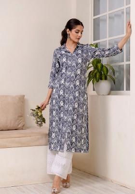 Grey Printed Cotton Kurta