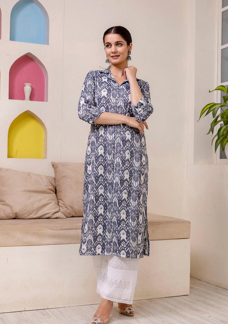 Grey Printed Cotton Kurta - Indya