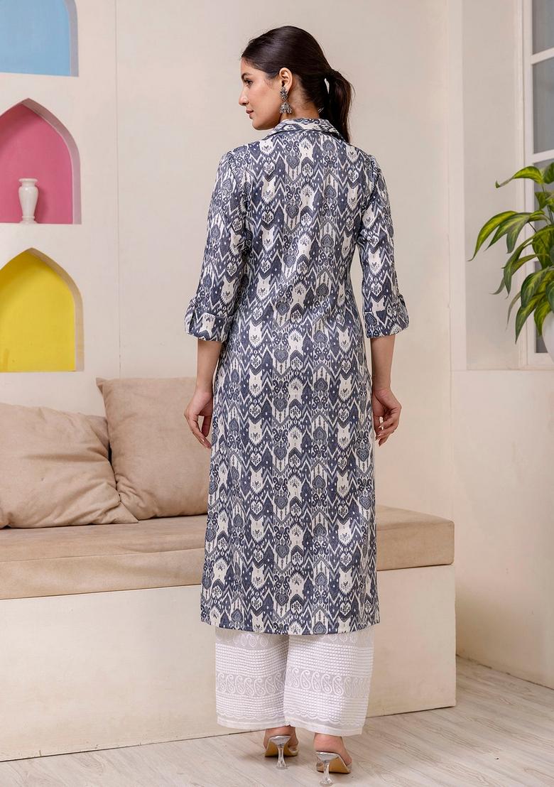 Grey Printed Cotton Kurta - Indya