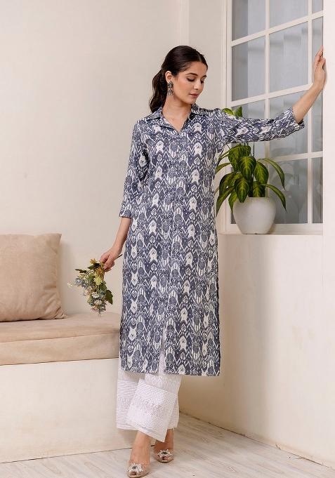 Grey Printed Cotton Kurta