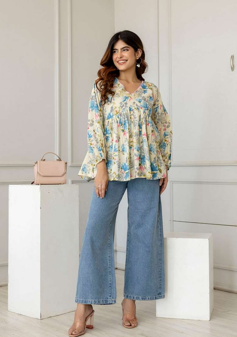 Off White Floral Print Cotton Kurta - Indya