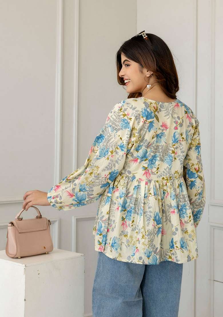 Off White Floral Print Cotton Kurta - Indya