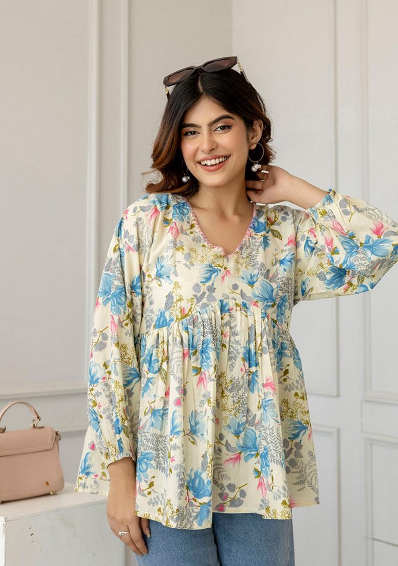 Off White Printed Cotton Tunic - Indya