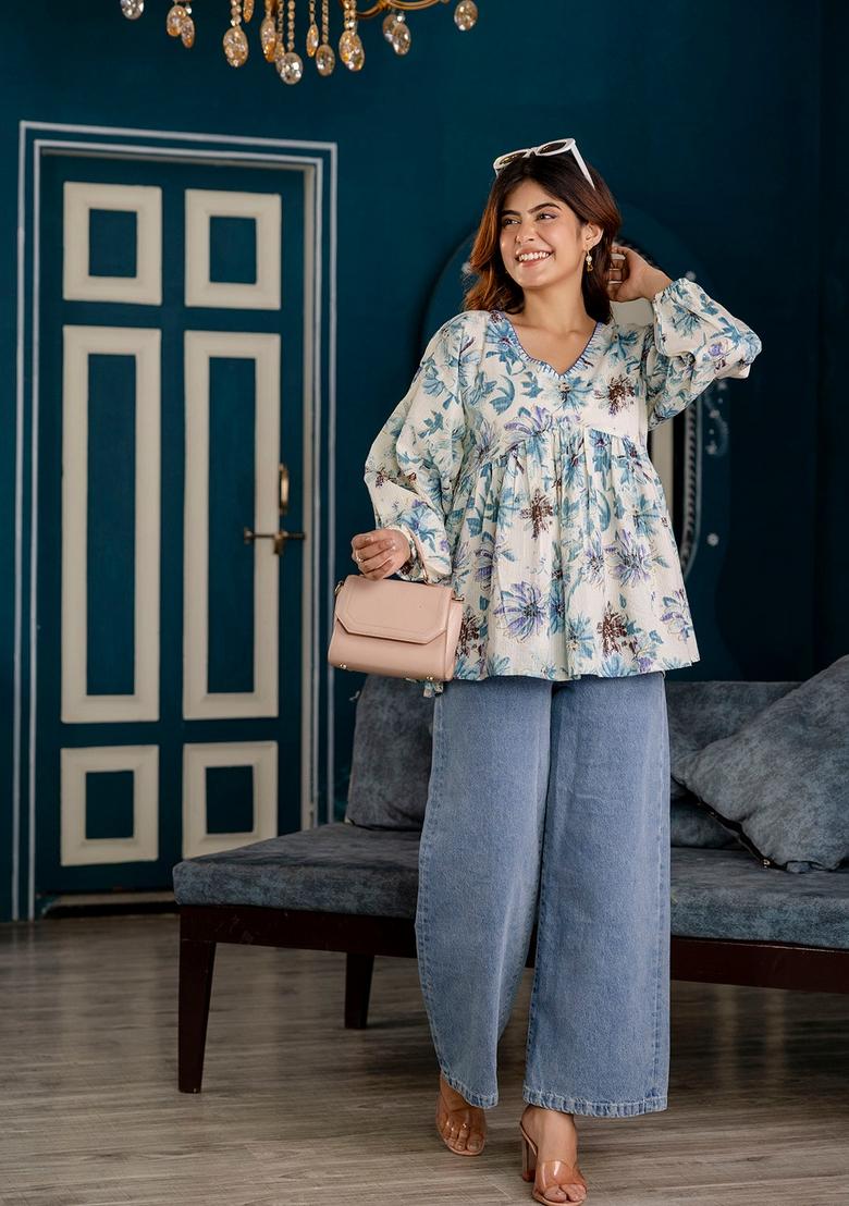 Off White Printed Cotton Tunic - Indya