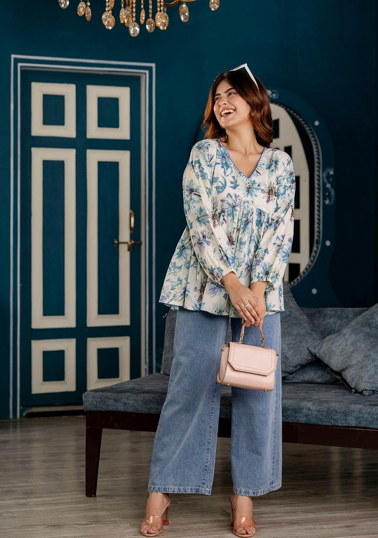 Off White Printed Cotton Tunic - Indya