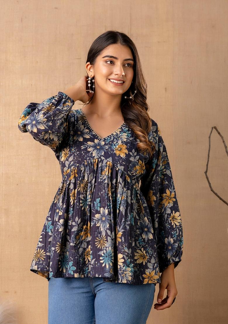 Navy Blue Printed Cotton Tunic - Indya