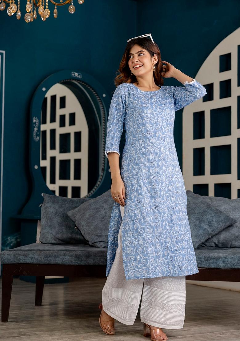 Blue Printed Cotton Kurta - Indya