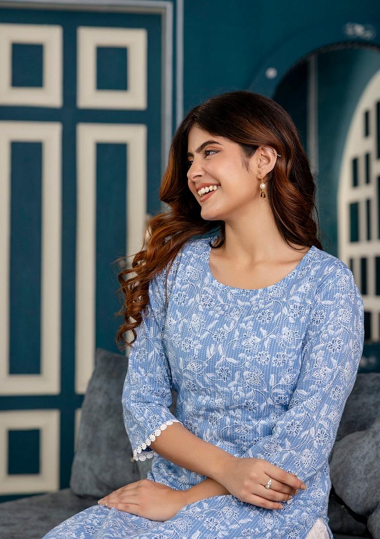 Blue Printed Cotton Kurta - Indya