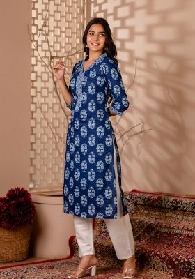 Blue Printed Cotton Kurta