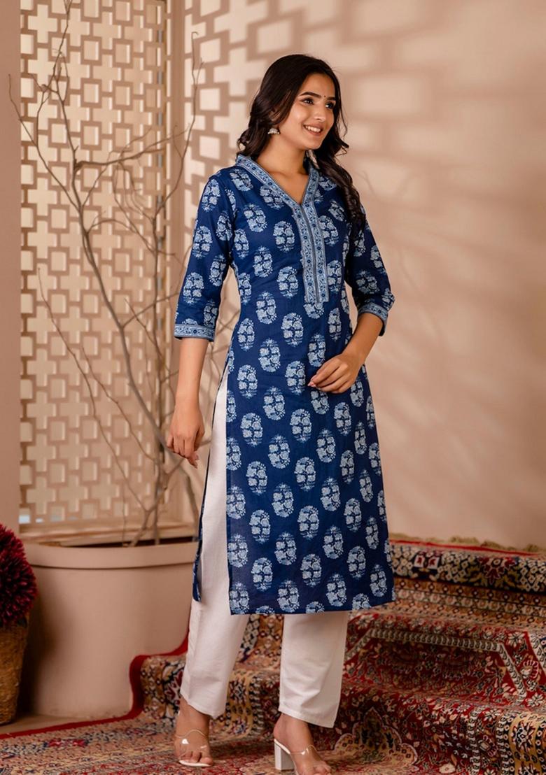 Blue Printed Cotton Kurta - Indya