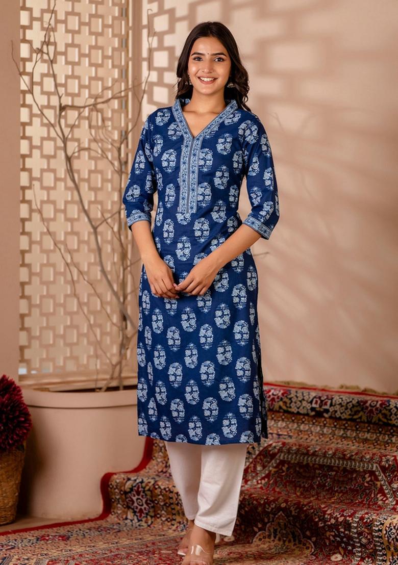 Blue Printed Cotton Kurta - Indya