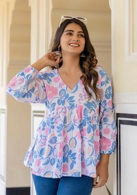 White Floral Print Cotton Top