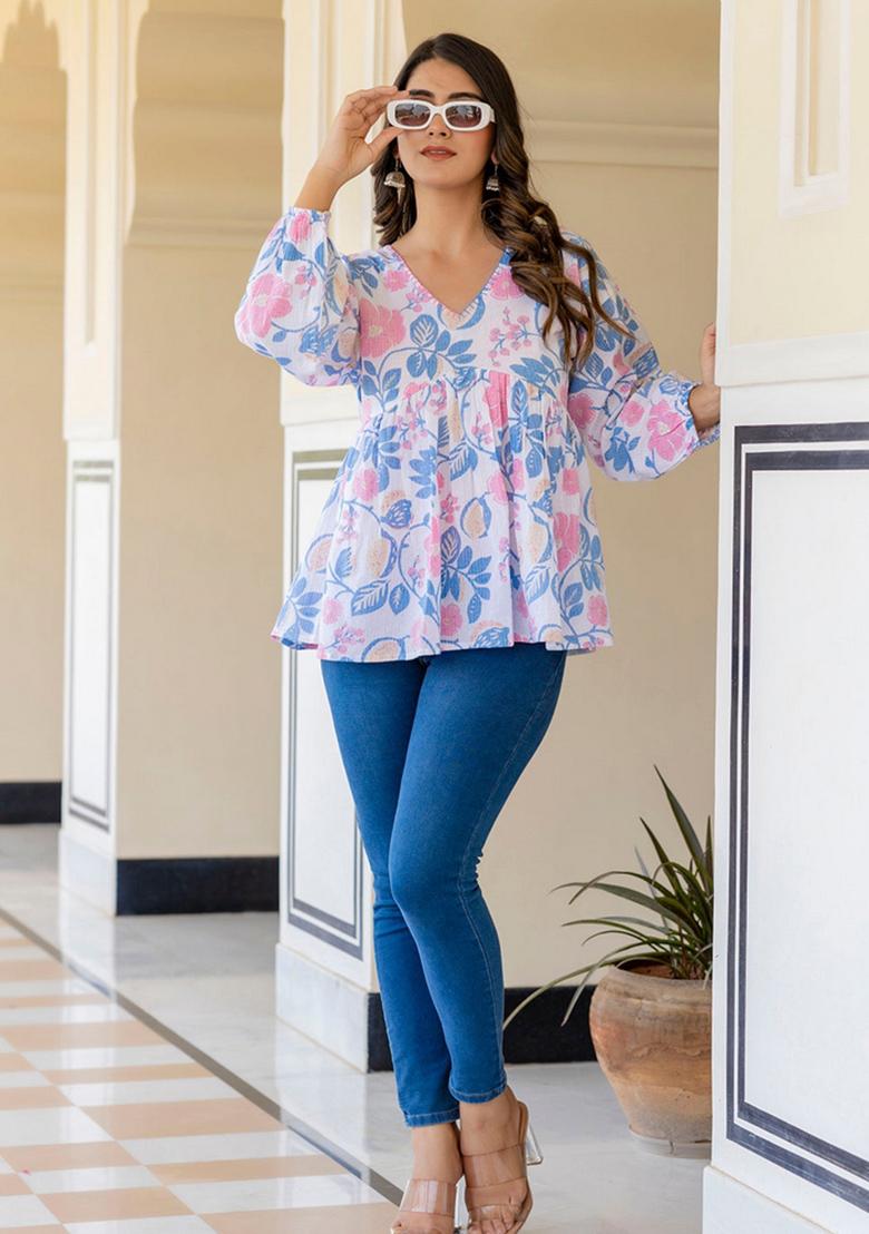 White Floral Print Cotton Top - Indya