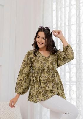 Green Floral Print Cotton Top