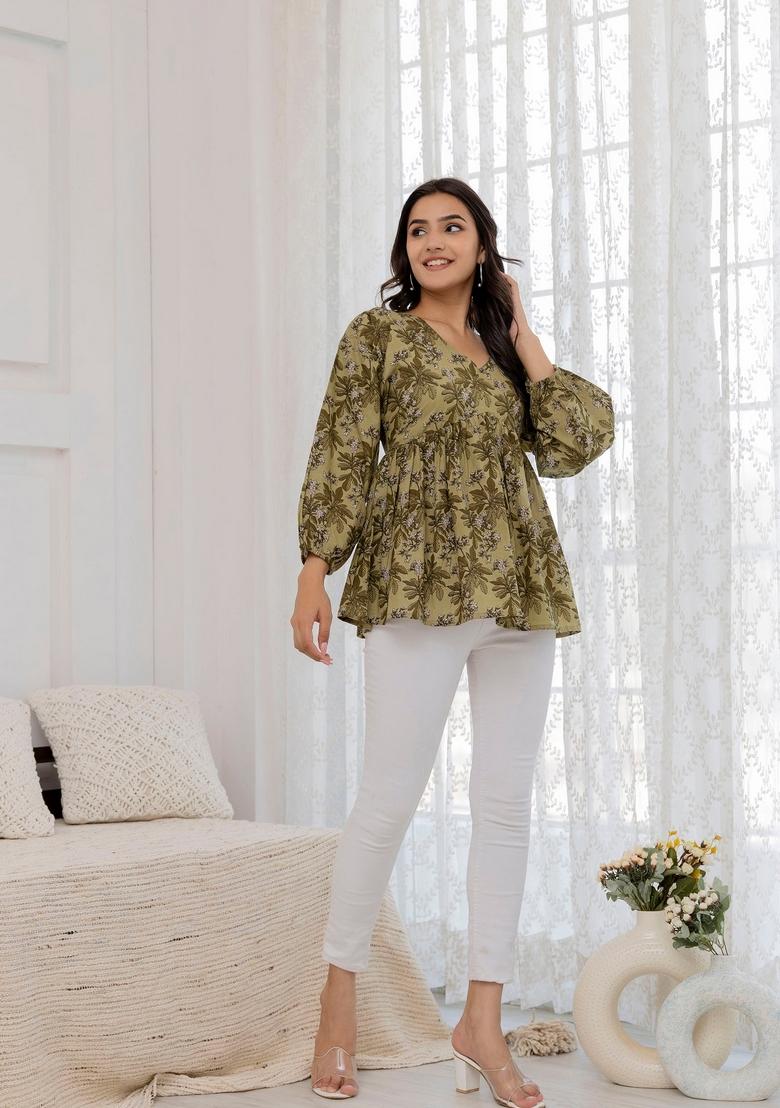 Green Floral Print Cotton Top - Indya