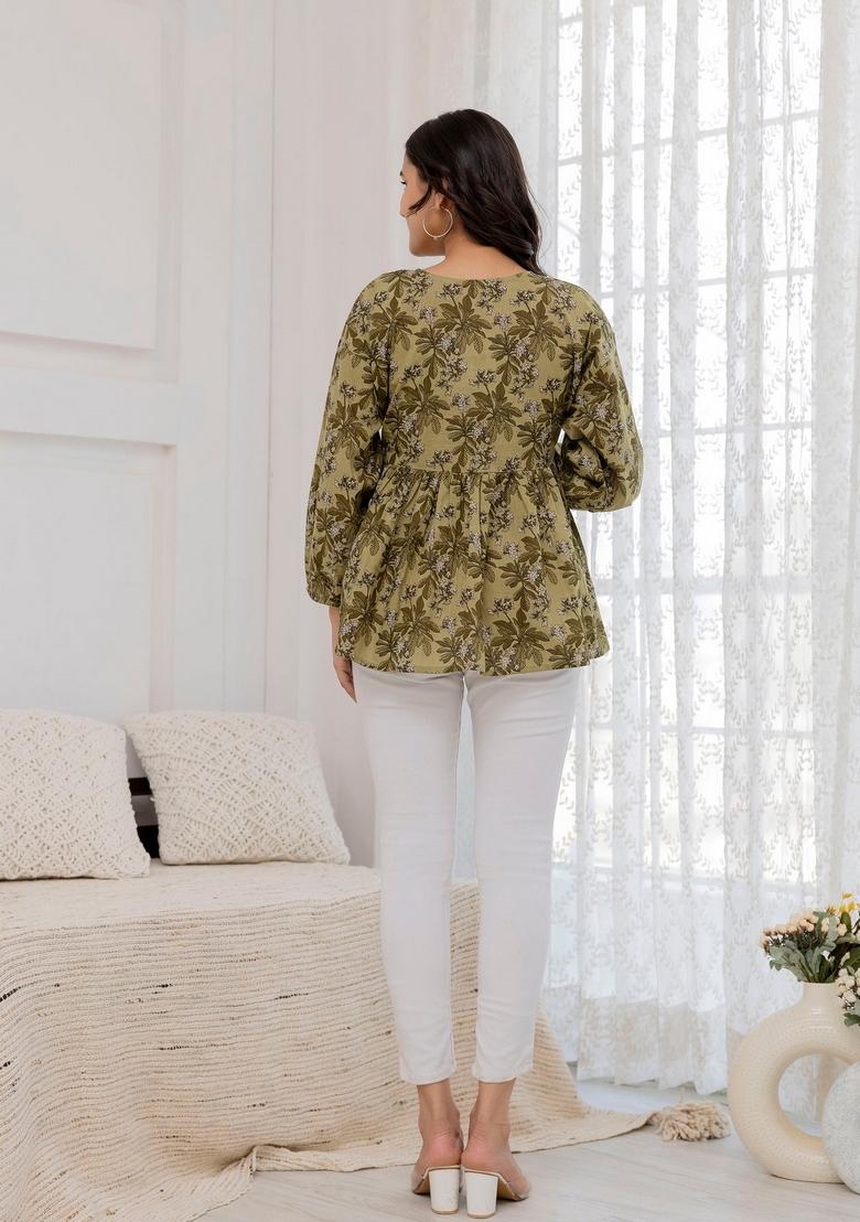Green Floral Print Cotton Top - Indya
