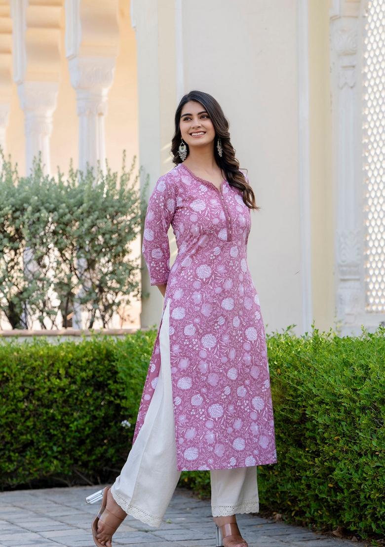 Mauve Printed Cotton Kurta - Indya