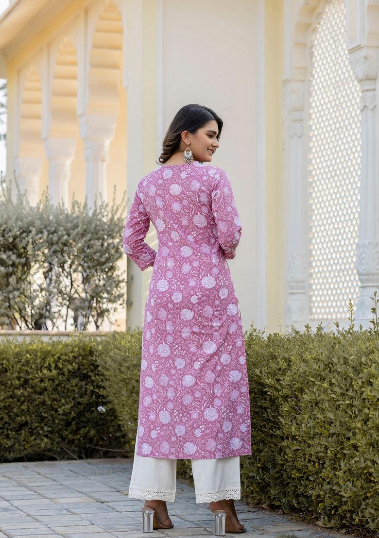 Mauve Printed Cotton Kurta - Indya