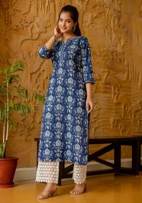 Blue Printed Cotton Kurta