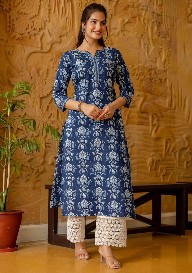 Blue Printed Cotton Kurta - Indya