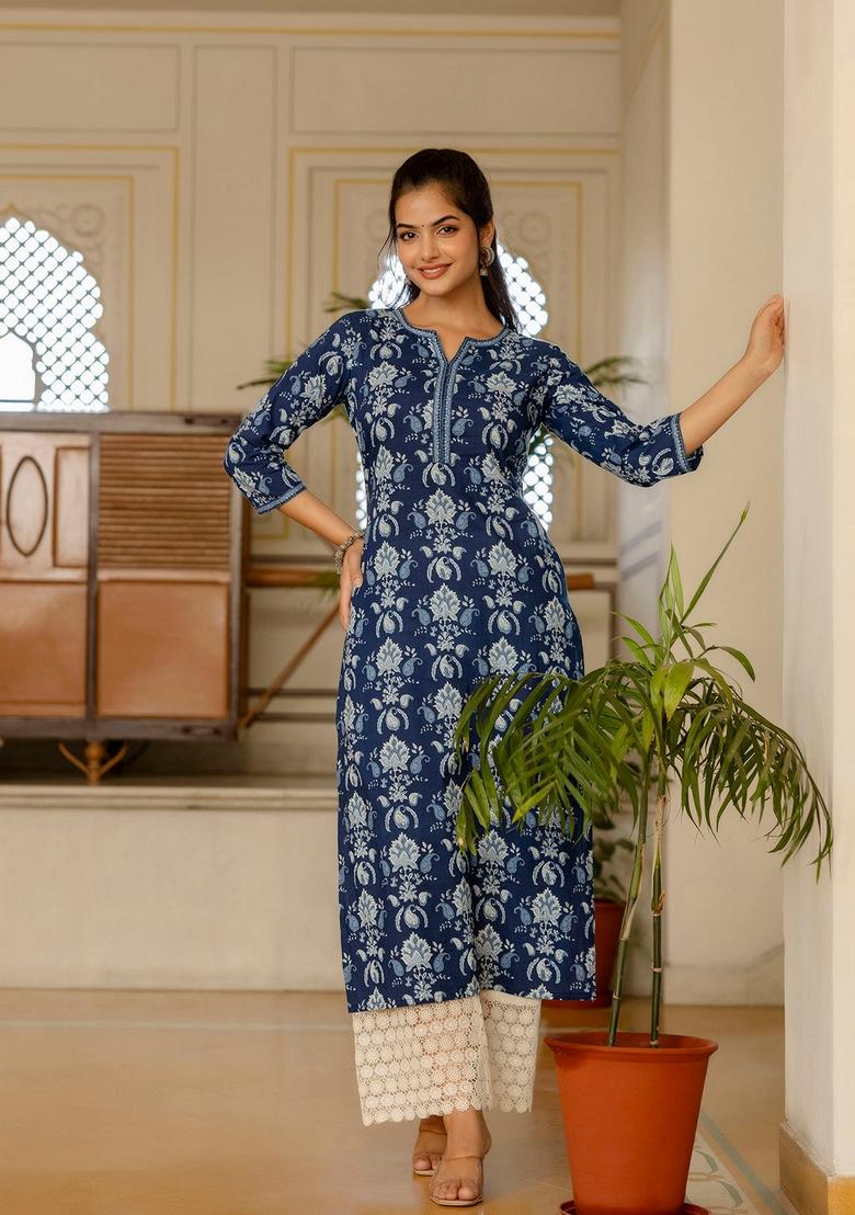 Blue Printed Cotton Kurta - Indya