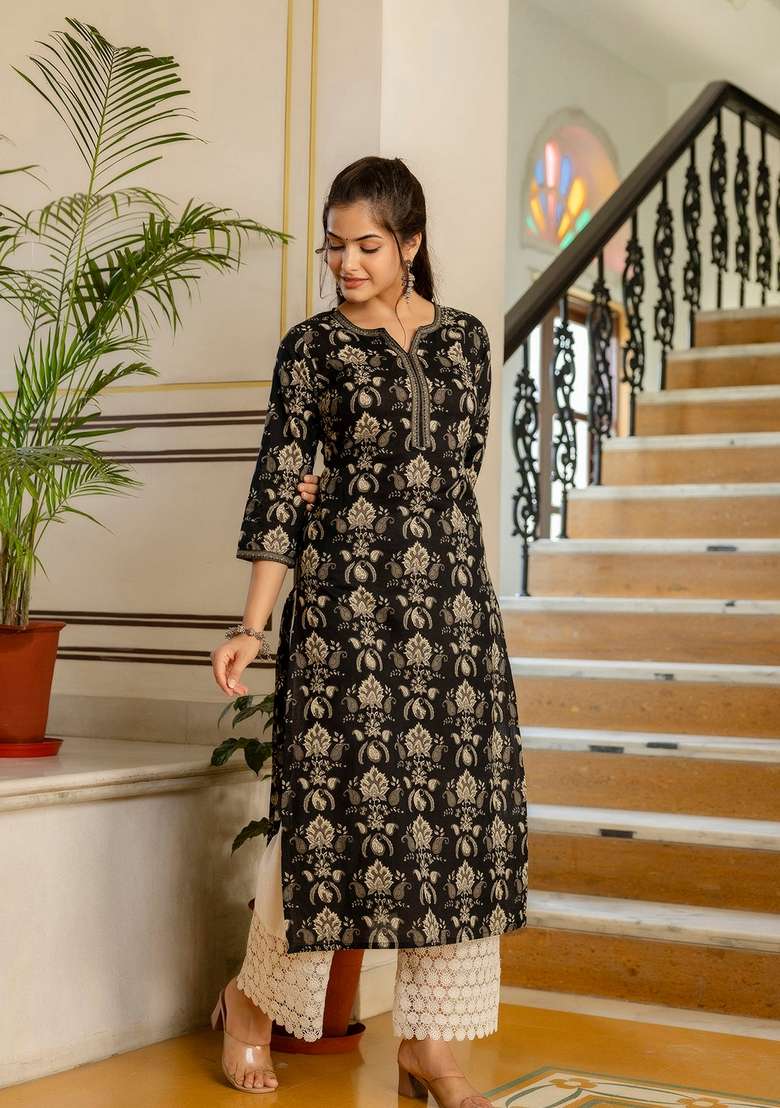 Black Printed Cotton Straight Kurta - Indya