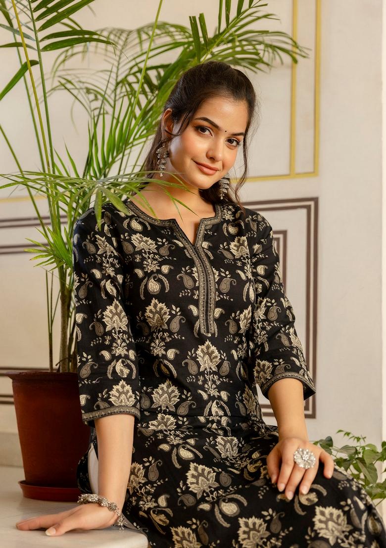 Black Printed Cotton Kurta - Indya