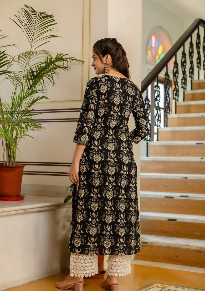 Black Printed Cotton Straight Kurta - Indya