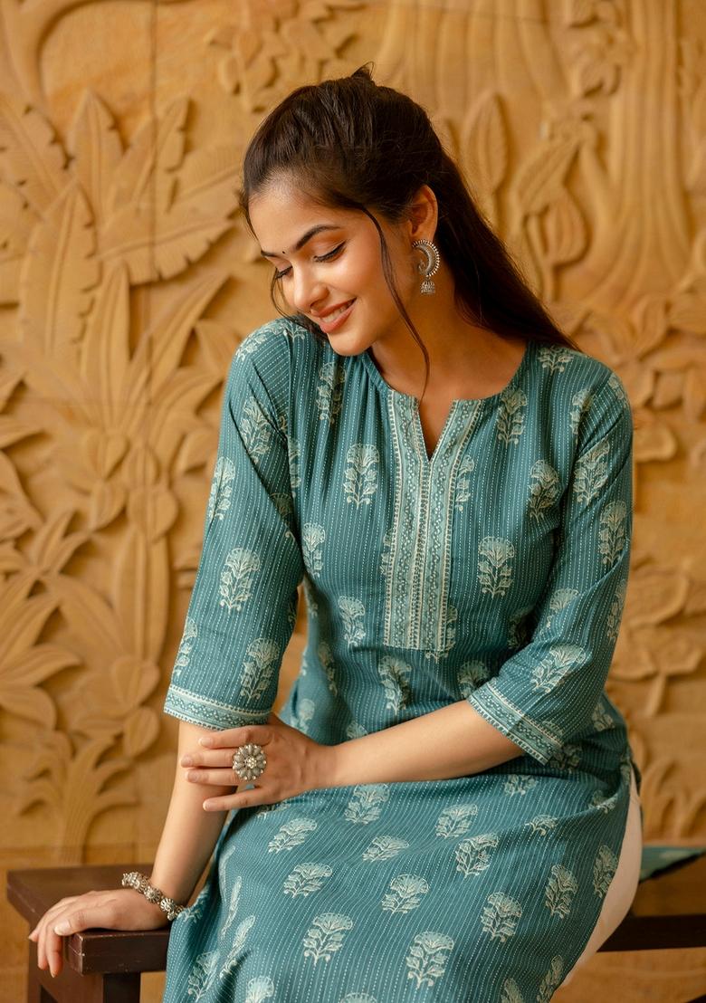 Turquoise Blue Printed Cotton Kurta - Indya