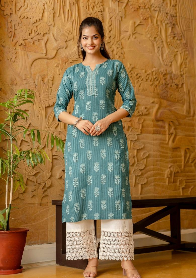 Turquoise Blue Printed Cotton Kurta - Indya