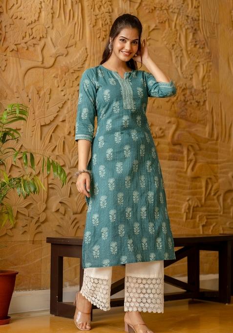 Turquoise Blue Printed Cotton Kurta