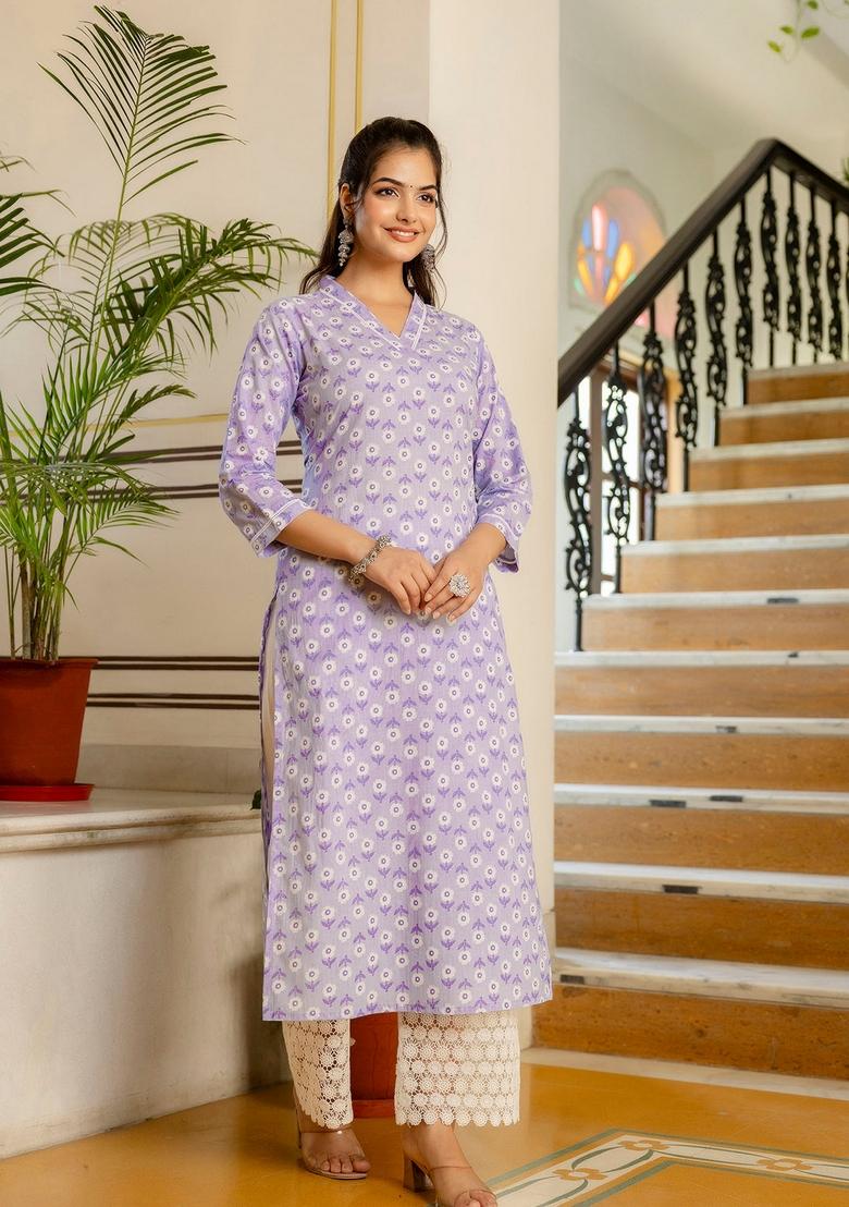 Purple Printed Cotton Kurta - Indya