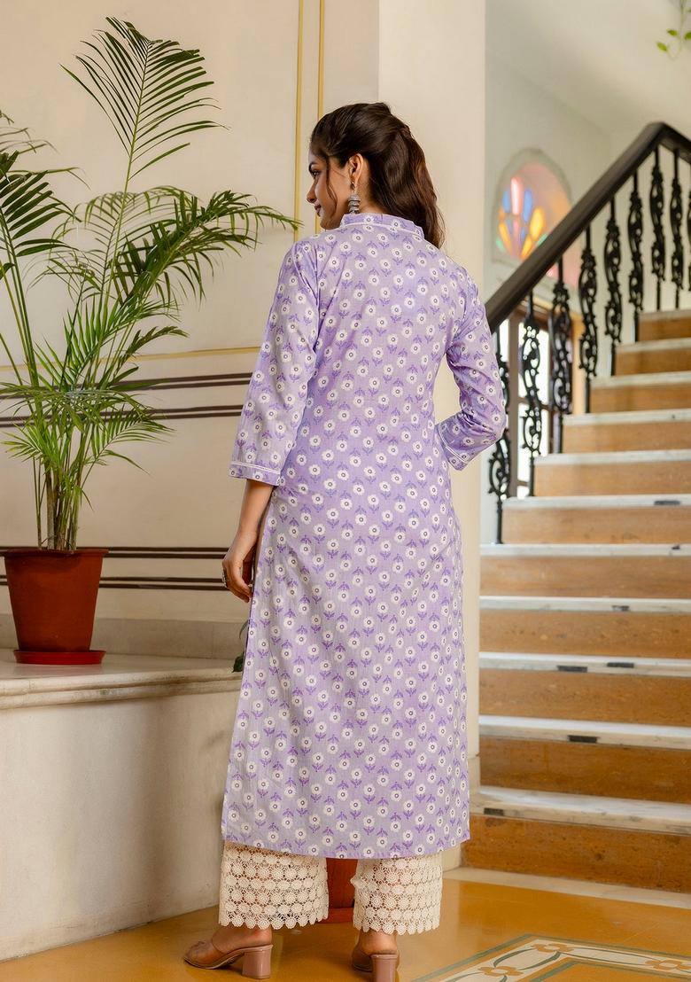 Purple Printed Cotton Kurta - Indya