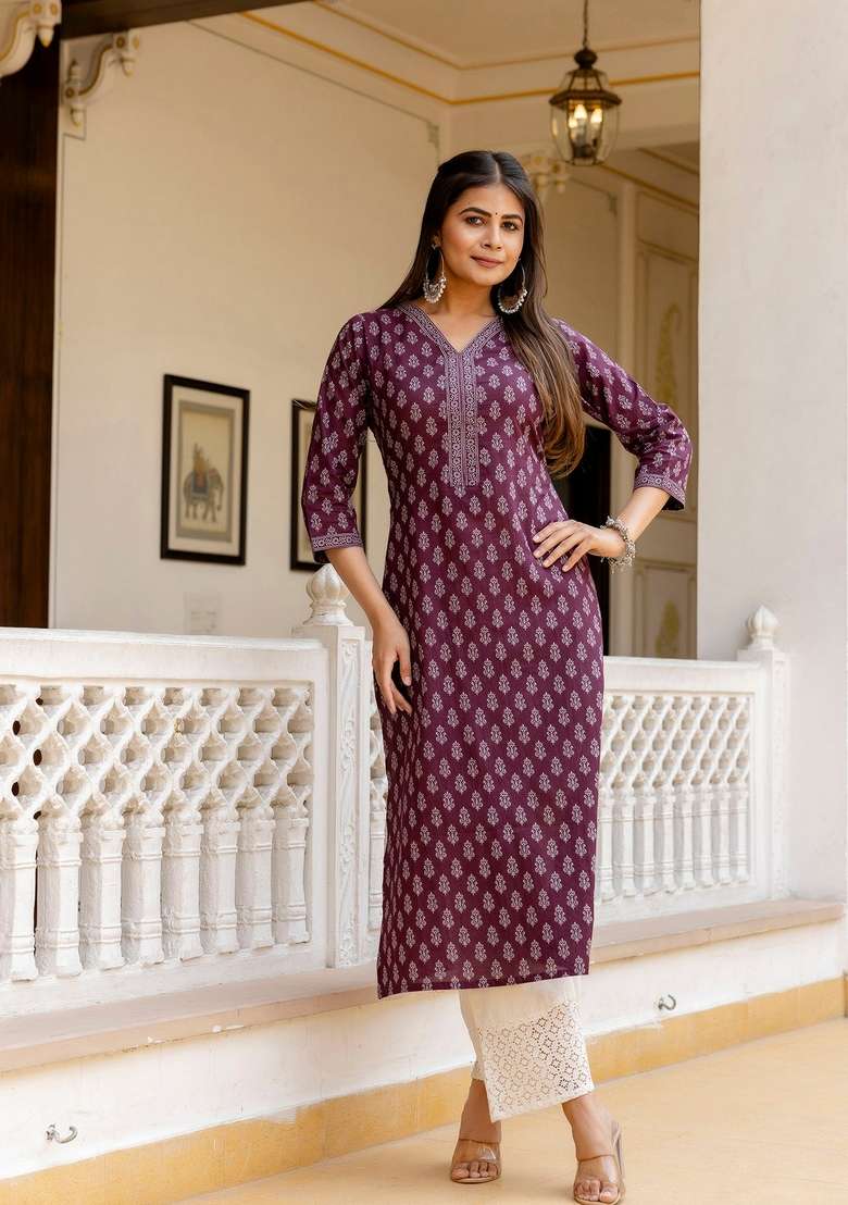 Burgundy Printed Cotton Straight Kurta Set - Indya