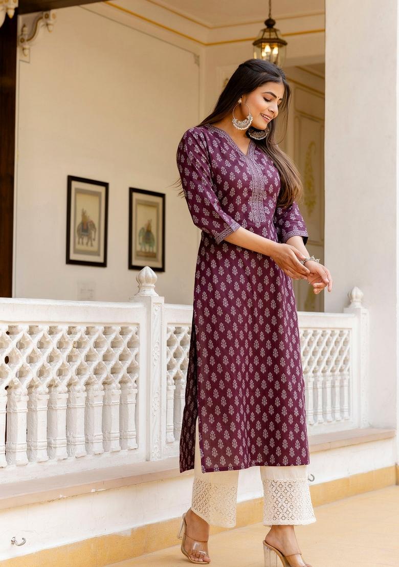 Burgundy Printed Cotton Kurta - Indya