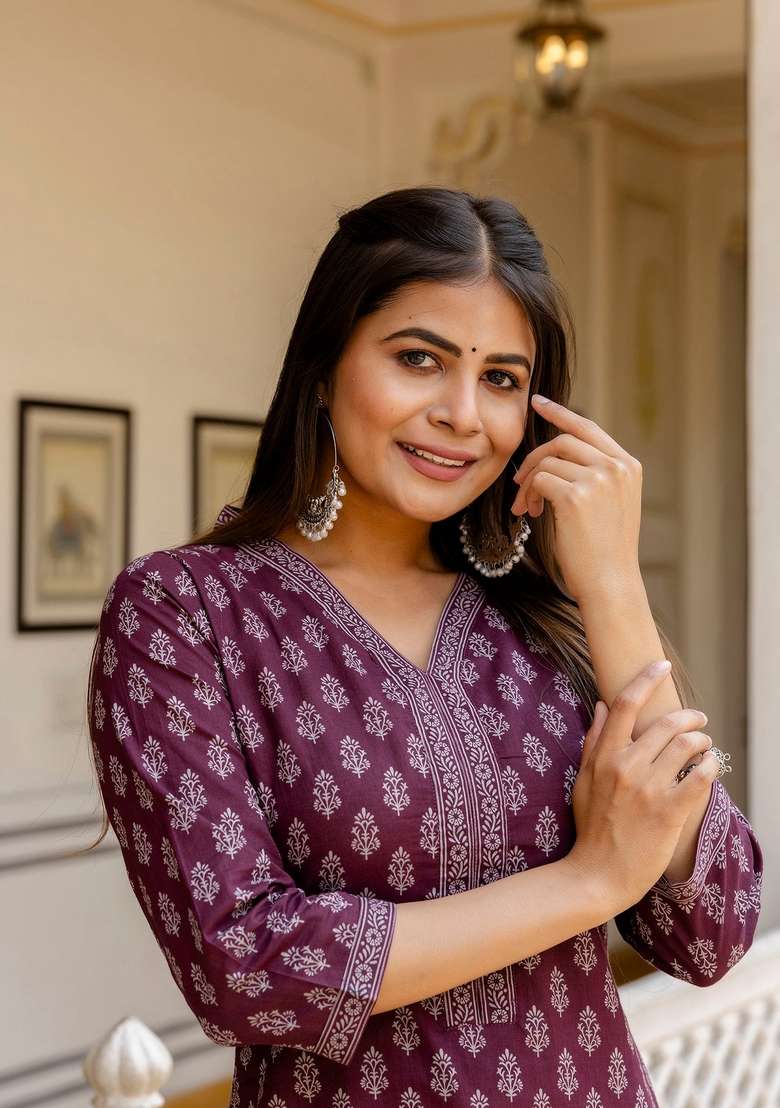 Burgundy Printed Cotton Straight Kurta Set - Indya
