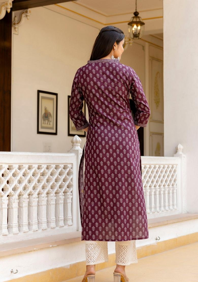 Burgundy Printed Cotton Kurta - Indya