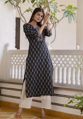Black Printed Cotton Kurta