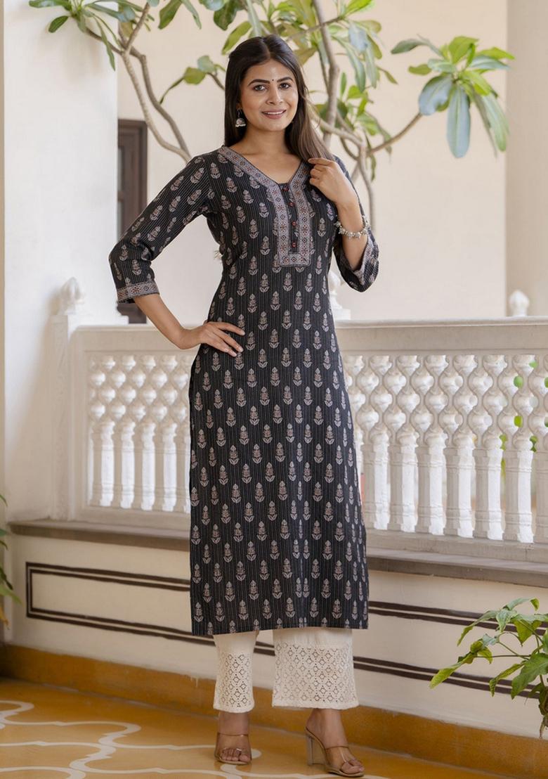 Black Printed Cotton Kurta - Indya