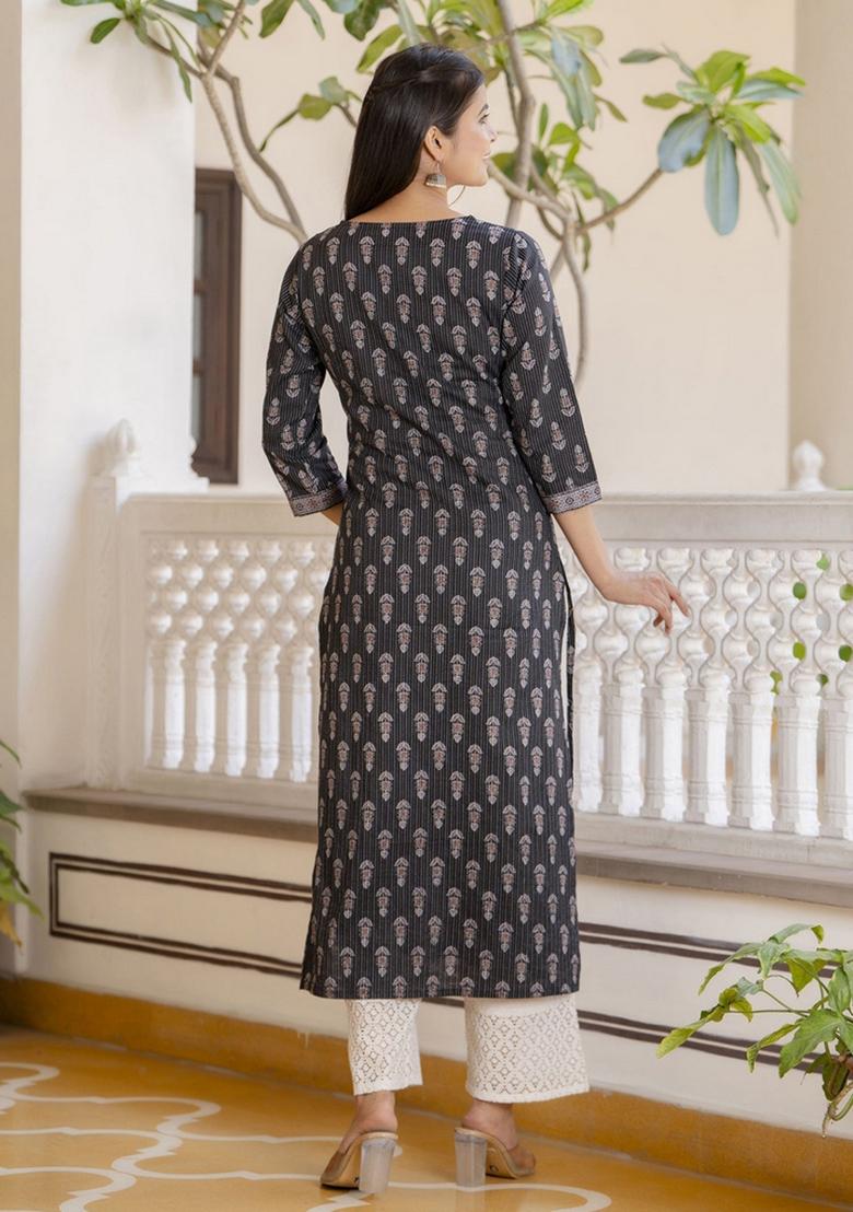 Black Printed Cotton Kurta - Indya