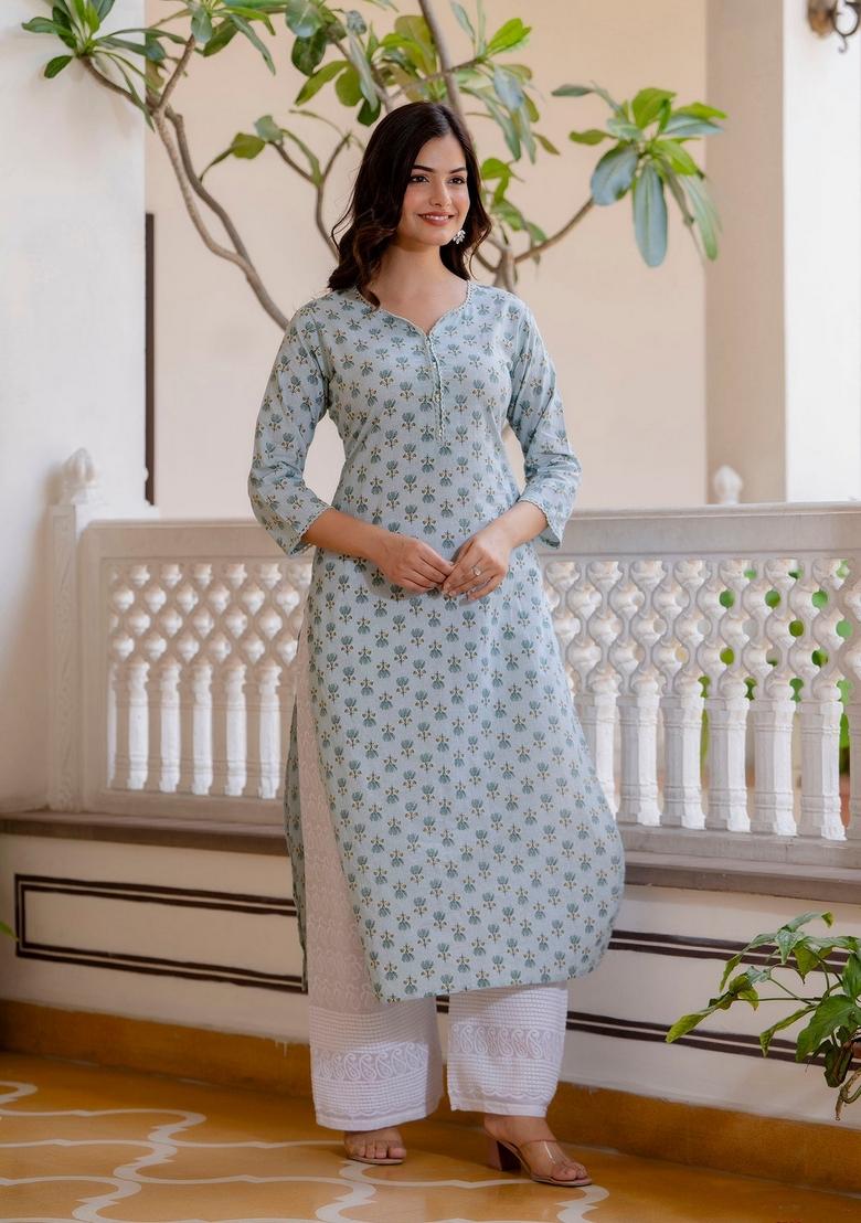 Green Printed Cotton Kurta - Indya