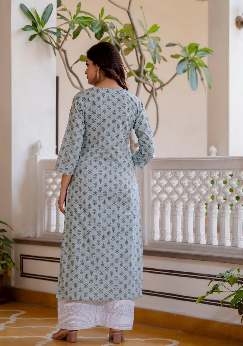 Green Printed Cotton Kurta - Indya