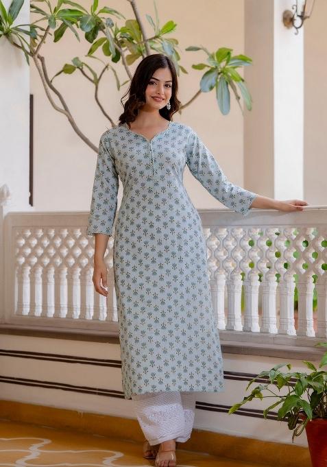 Green Printed Cotton Kurta