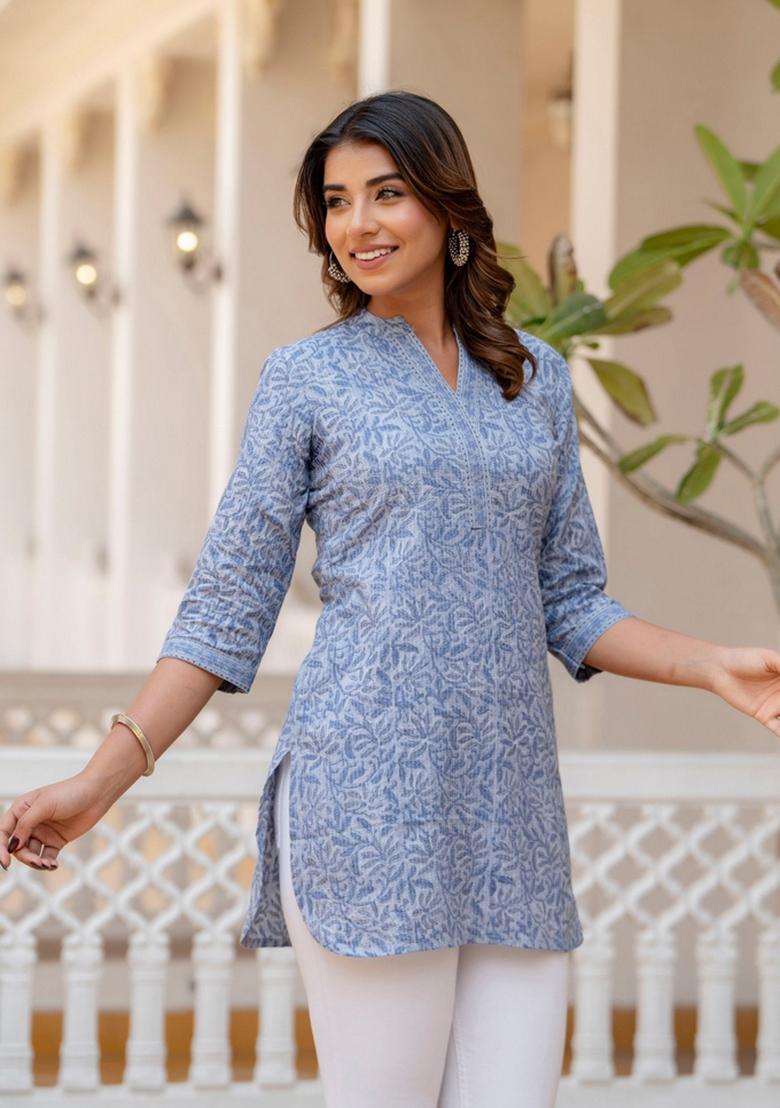Blue Floral Cotton Kurta - Indya